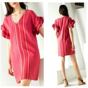 THML Striped Cotton Ruffle Sleeve Shift Dress Coral Pink Silver Medium